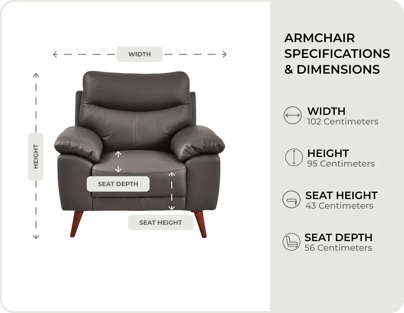 Ascot Genuine Leather Grey Armchair measurement