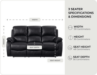 Serano Black Leather Manual Recliner 3 Seater Sofa measurements
