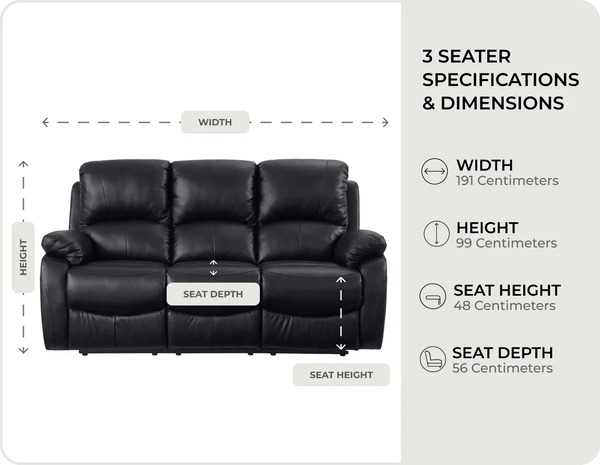 Serano Black Leather Manual Recliner 3 Seater Sofa measurements