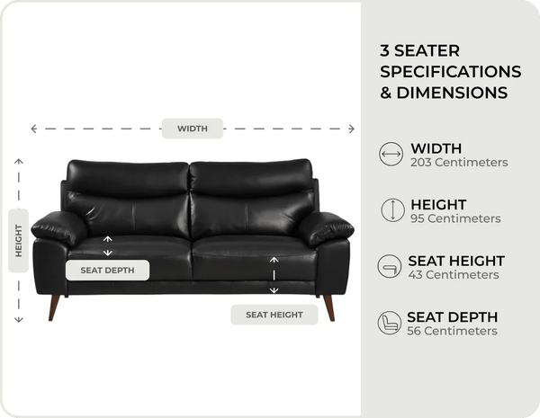 Ascot Genuine Leather Black 3 Seater Sofa - Sofa-Direct