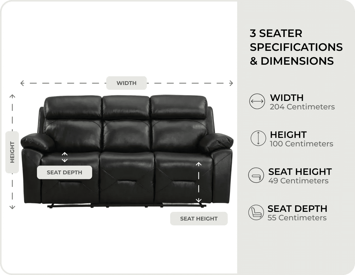 Milano Genuine Leather Black Electric Power Recliner 3 Seater Sofa