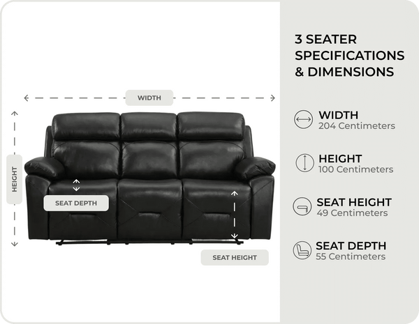 Milano Genuine Leather Black Electric Power Recliner 3 Seater Sofa