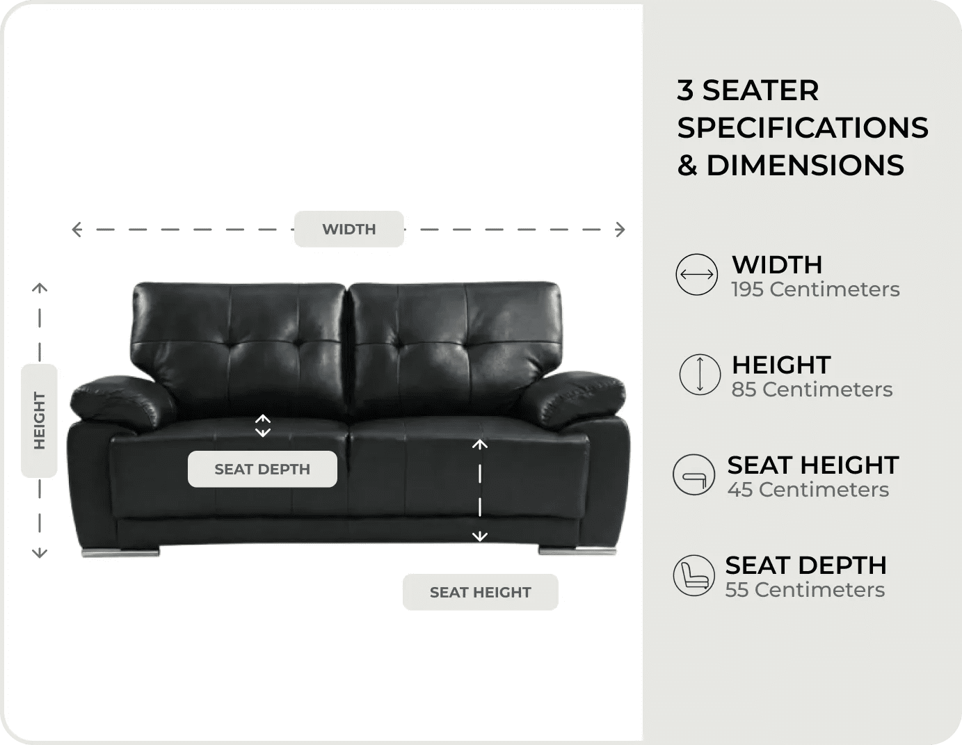 Brighton Black Leather 3 Seater Sofa measurements