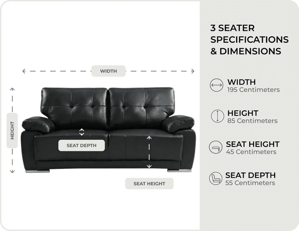 Brighton Black Leather 3 Seater Sofa measurements