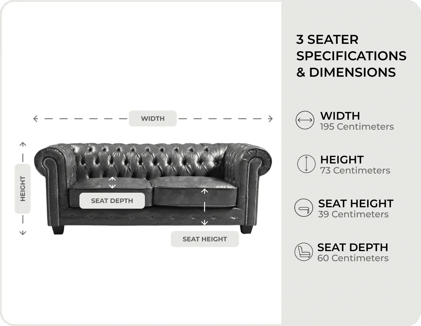 Windsor Classic Grey Leather 3 Seater Sofa measurements