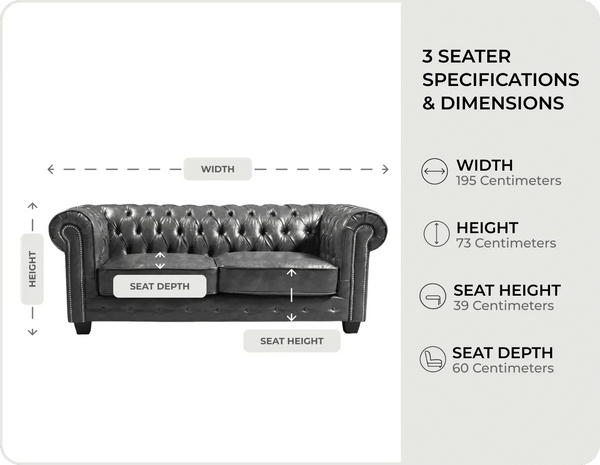Windsor Classic Grey Leather 3 Seater Sofa measurements