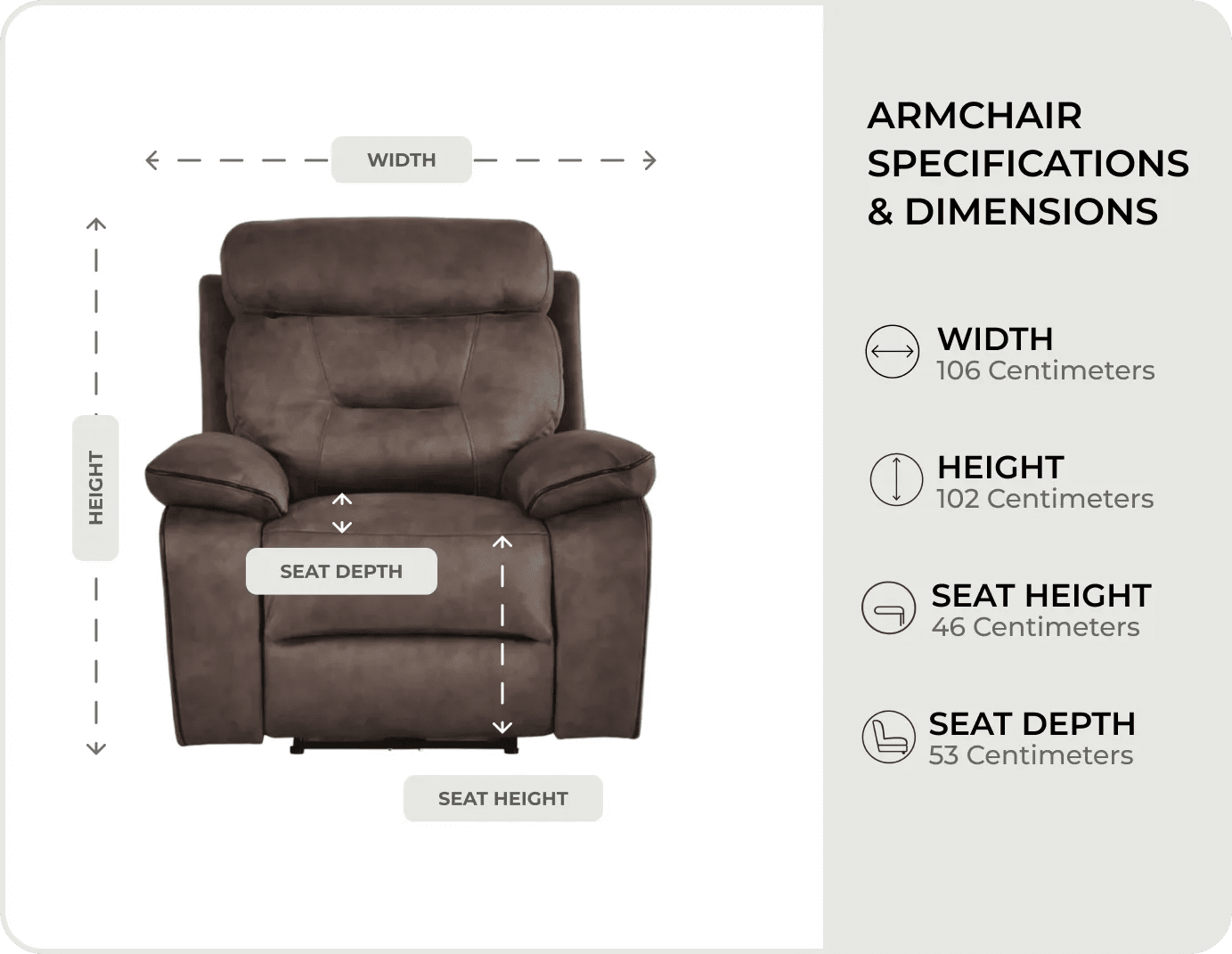 Foster Brown Fabric Electric Recliner Armchair measurements