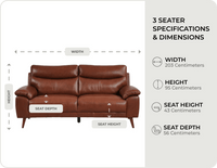 Ascot Genuine Leather Tan 3 Seater Sofa measurements