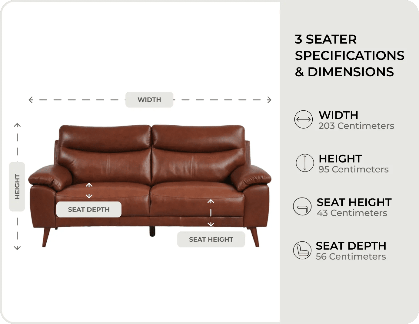 Ascot Genuine Leather Tan 3 Seater Sofa measurements