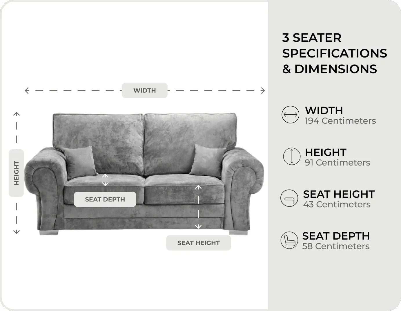 Florence Grey Fabric High Back 3 Seater Sofa measurements 