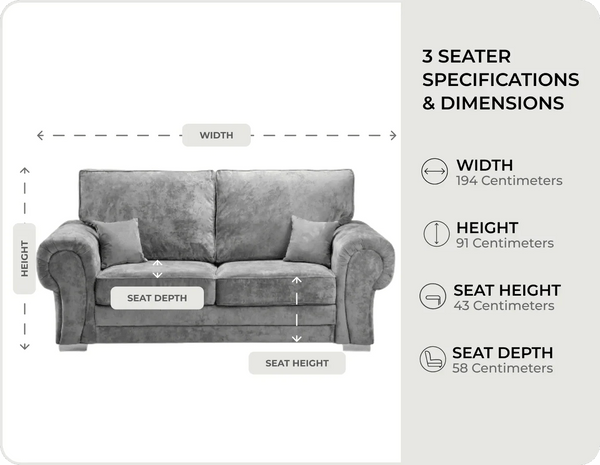 Florence Grey Fabric High Back 3 Seater Sofa measurements 
