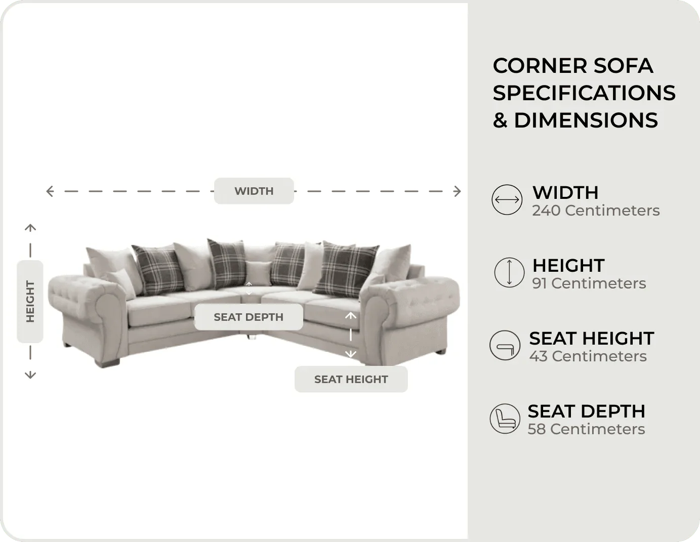 Florence Cream Fabric Scatter Back Corner Sofa - measurements