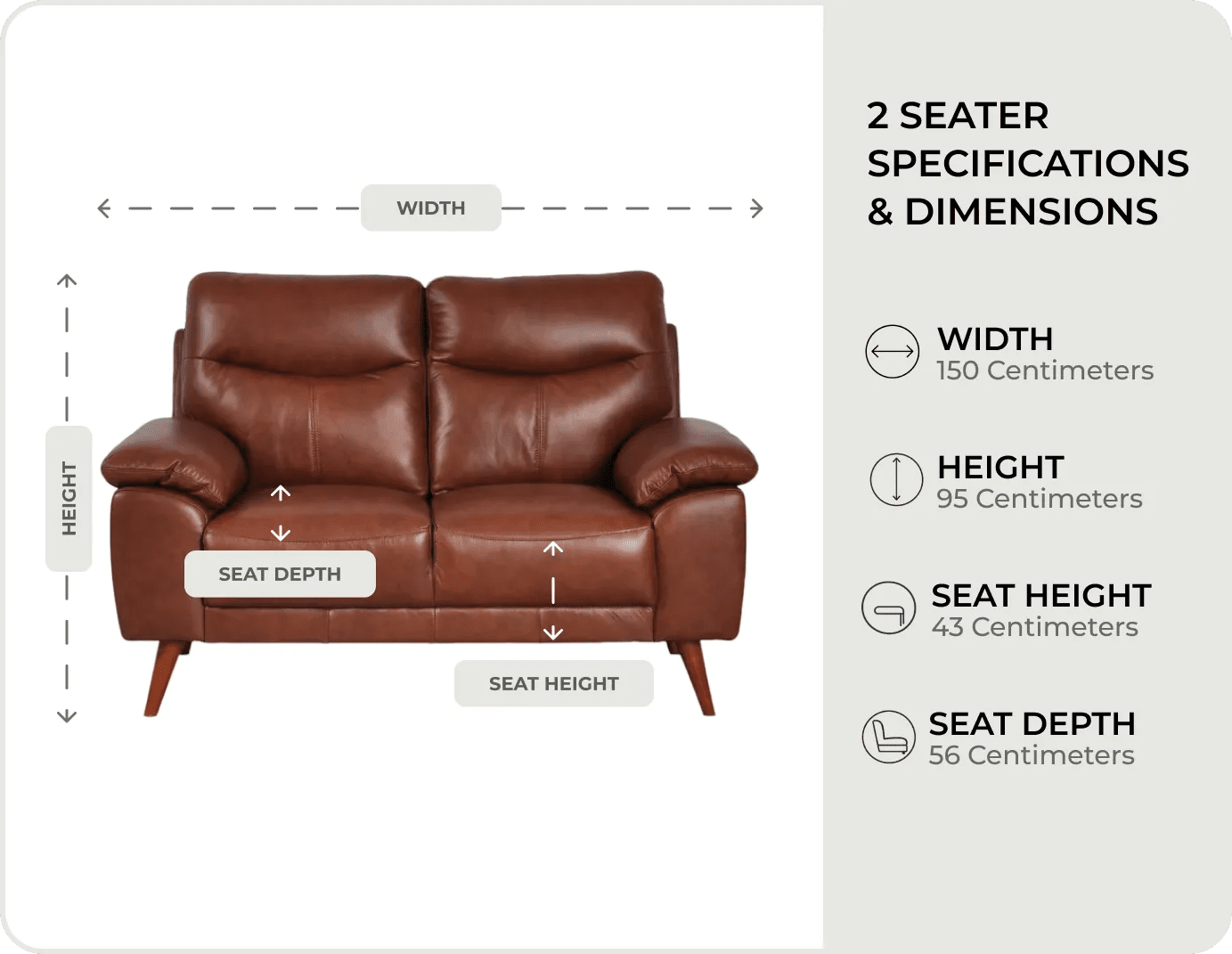 Ascot Genuine Leather Tan 2 Seater Sofa measurements