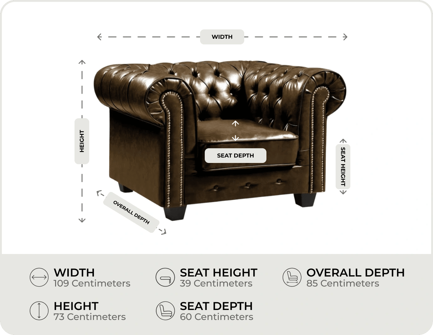 Chesterfield Brown Leather Antique Armchair measurement