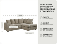 Oxford Caramel Fabric Right Hand Corner Sofa measurements