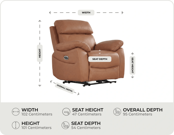 Torino Genuine Leather Caramel Electric Power Recliner Armchair
    measurements
