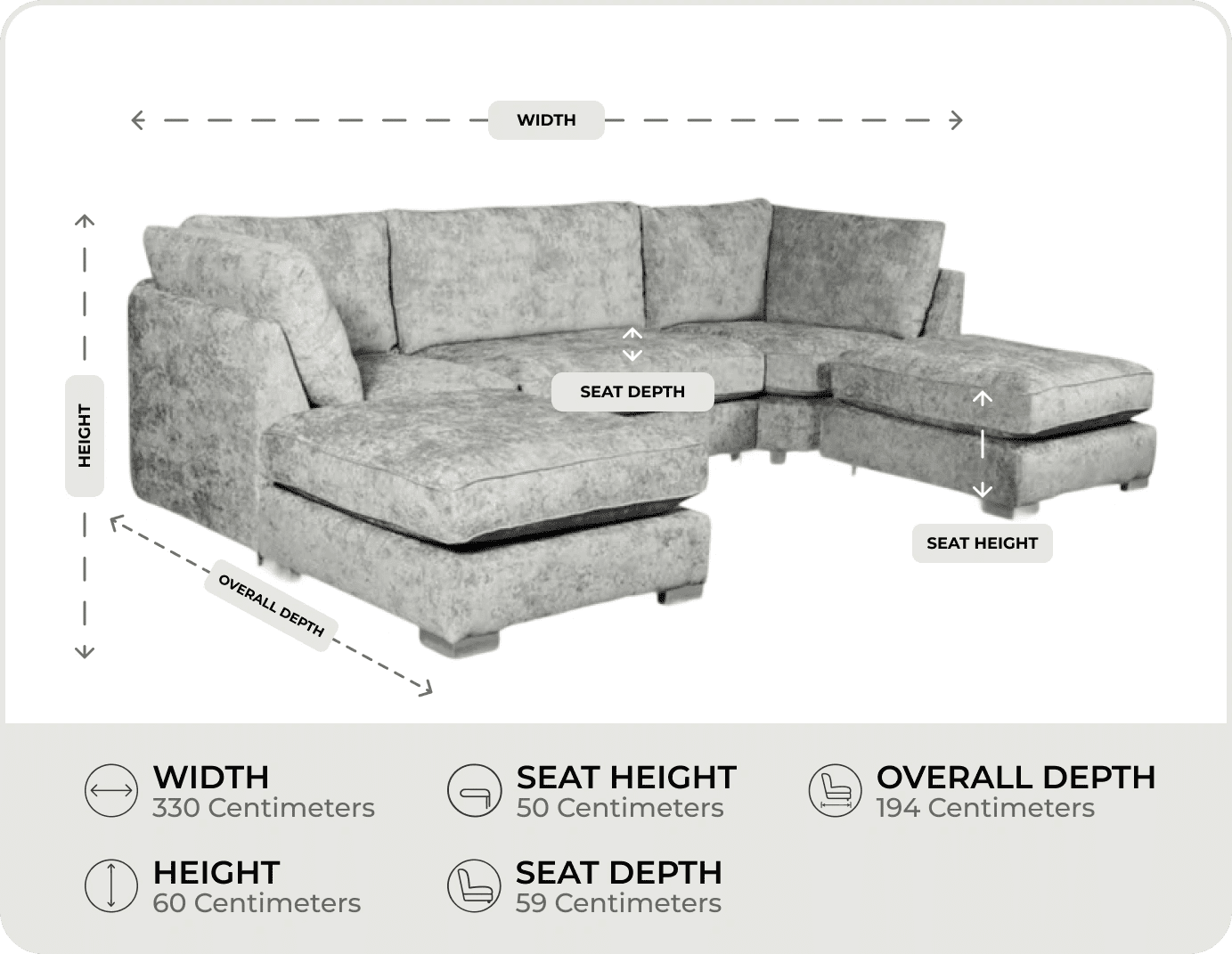 Westminster Silver Alaska Fabric U Shape High Back Corner Sofa measurements