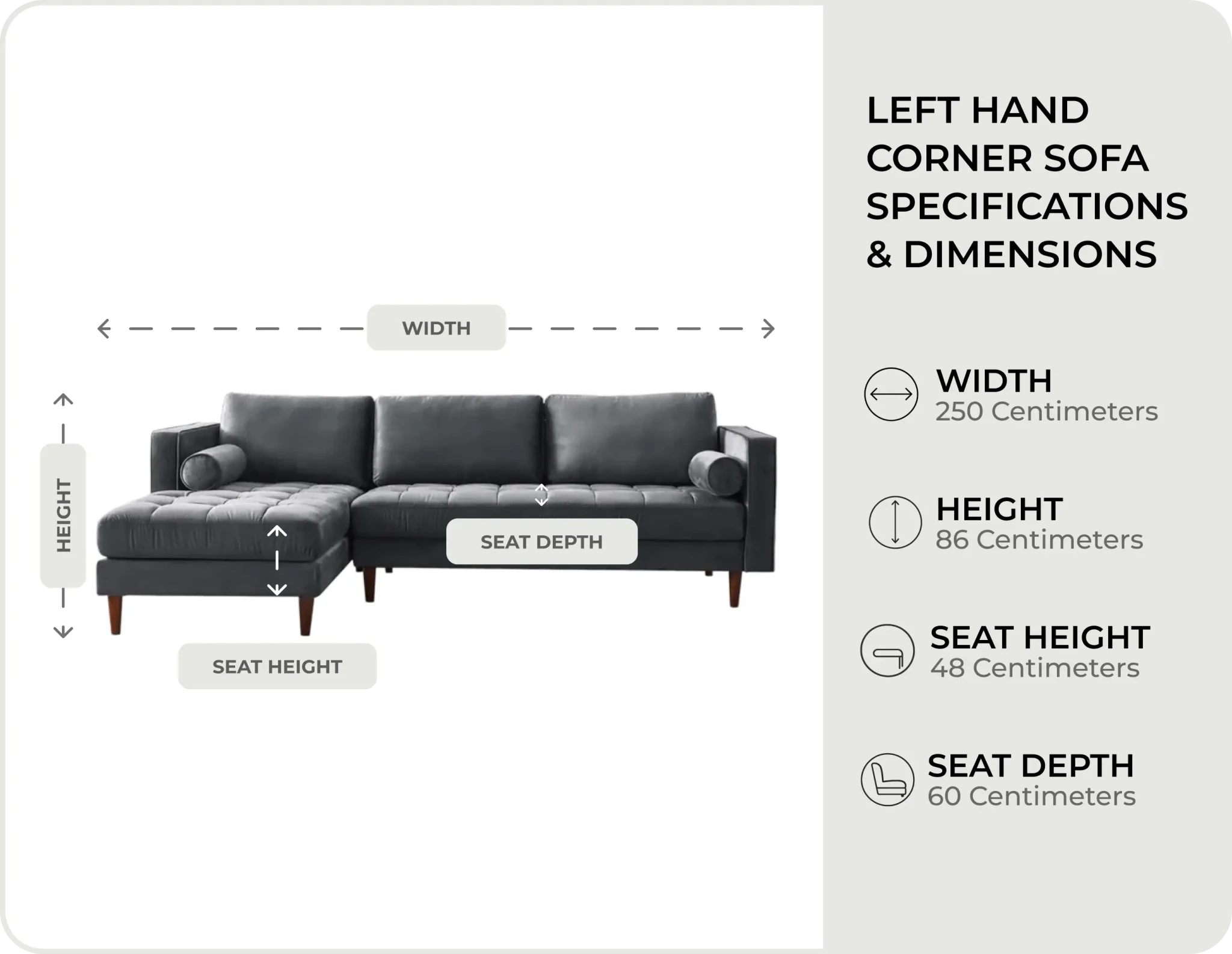 Scott Grey Velvet Corner Sofa LHC Measurement