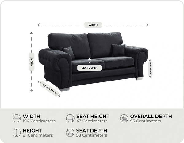 Florence High Back Black Fabric 3 Seater Sofa Bed measurements