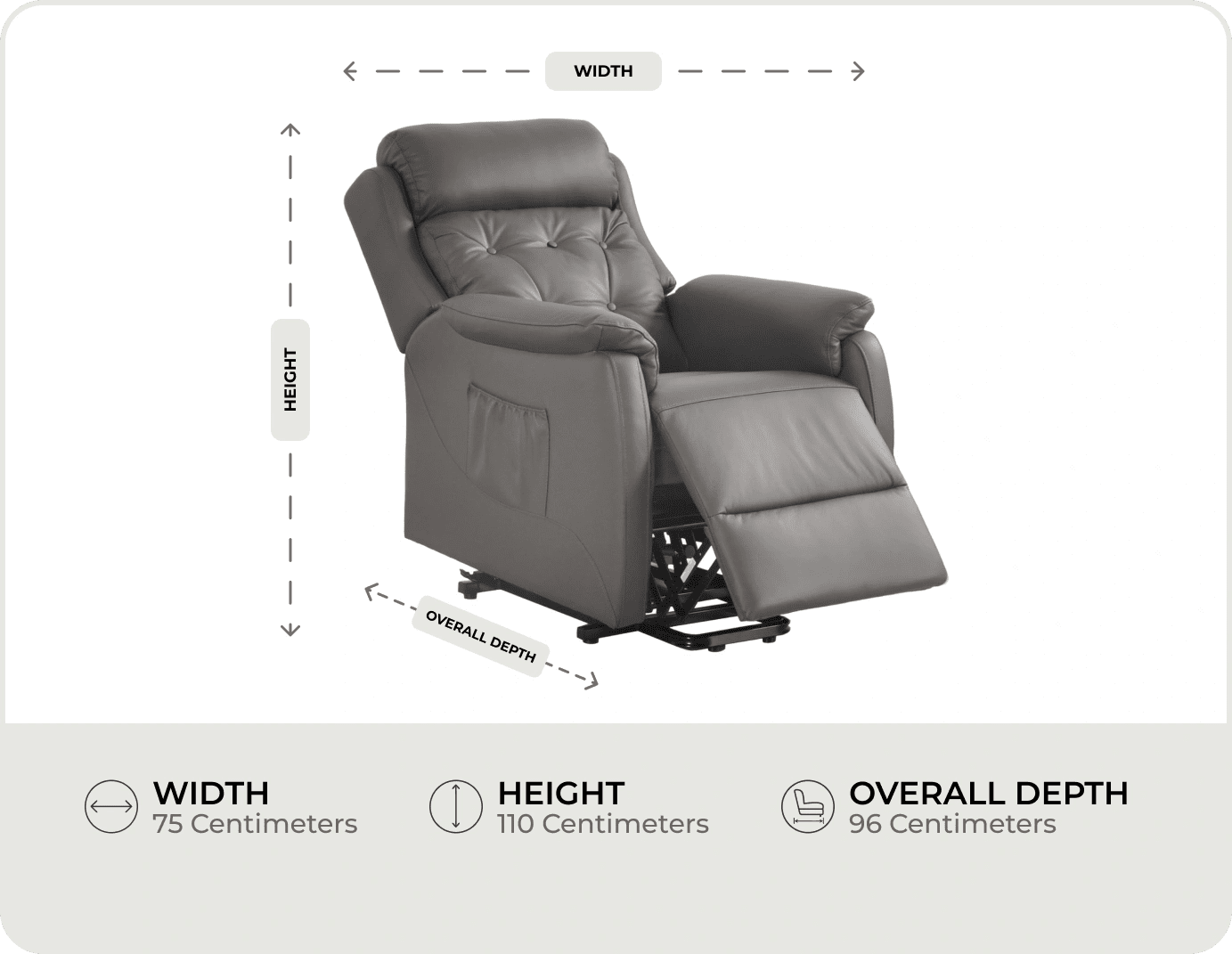 Oliver Genuine Leather Grey Rise & Recline Mobility Chair measurements