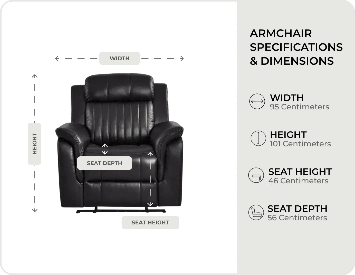Martini Genuine Leather Black Electric Power Recliner Armchair - measurements