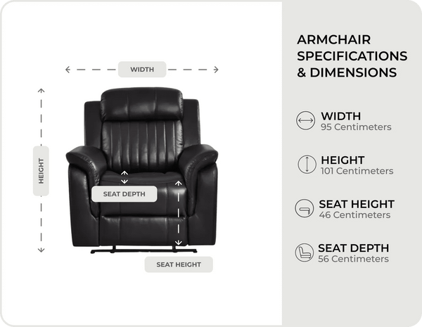 Martini Genuine Leather Black Electric Power Recliner Armchair - measurements