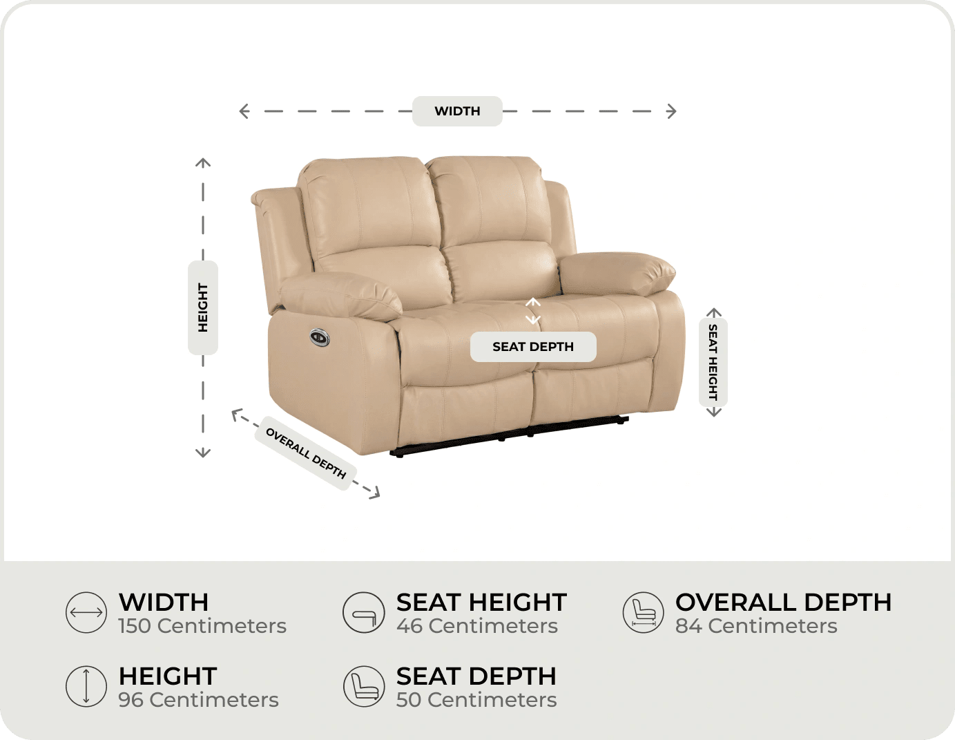 York Cream Leather Electric Recliner 2 Seater Sofa measurement