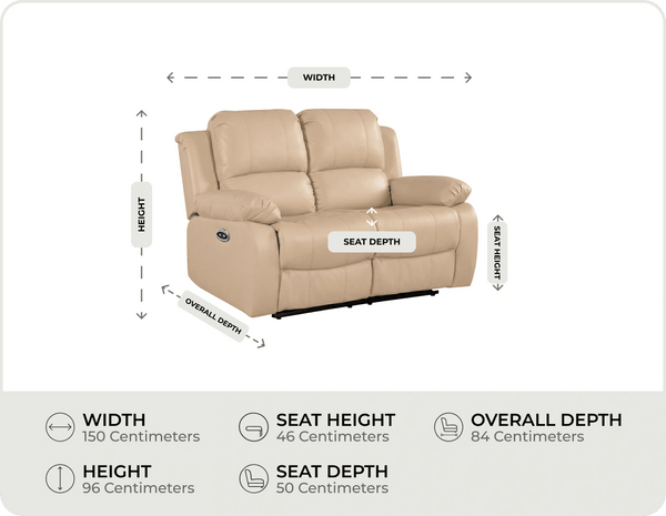 York Cream Leather Electric Recliner 2 Seater Sofa measurement