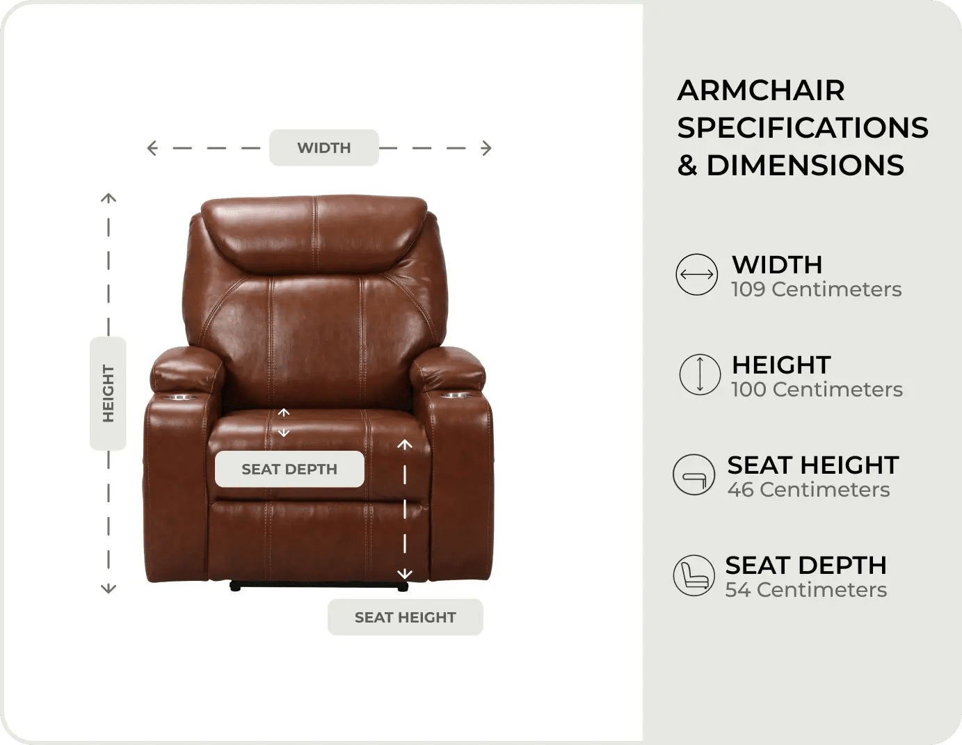 Cinemax Tan Electric Leather Recliner Armchair With Two Cup Holders measurements