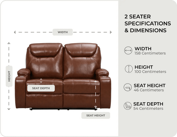 Cinemax Tan Electric 2 Seater Leather Recliner Sofa With Two Cup Holders measurements