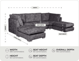 Westminster Coal Alaska Fabric U Shape High Back Corner Sofa measurements