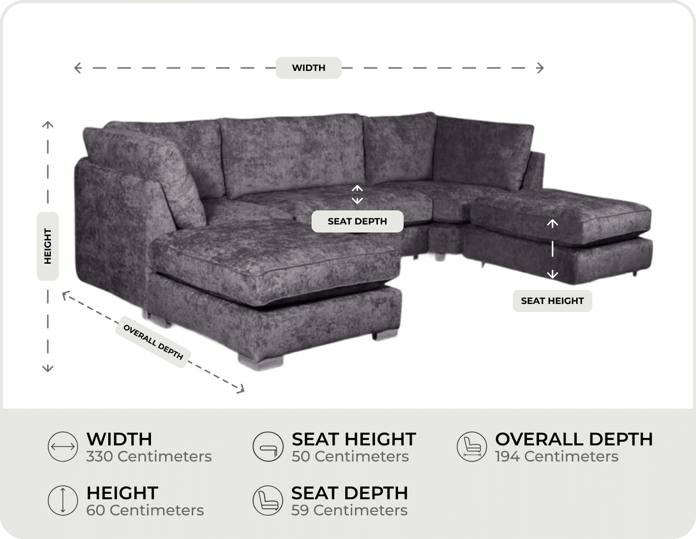 Westminster Coal Alaska Fabric U Shape High Back Corner Sofa measurements