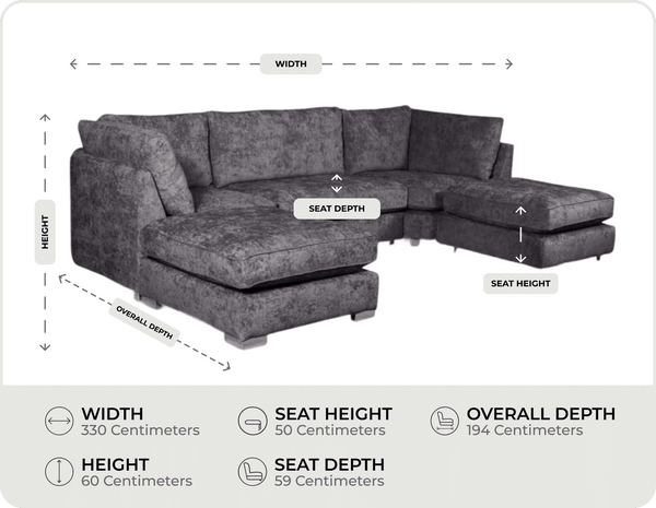 Westminster Coal Alaska Fabric U Shape High Back Corner Sofa measurements