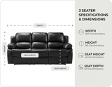 York Black Leather Electric Recliner 3 Seater Sofa - measurements