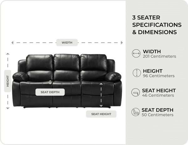 York Black Leather Electric Recliner 3 Seater Sofa - measurements