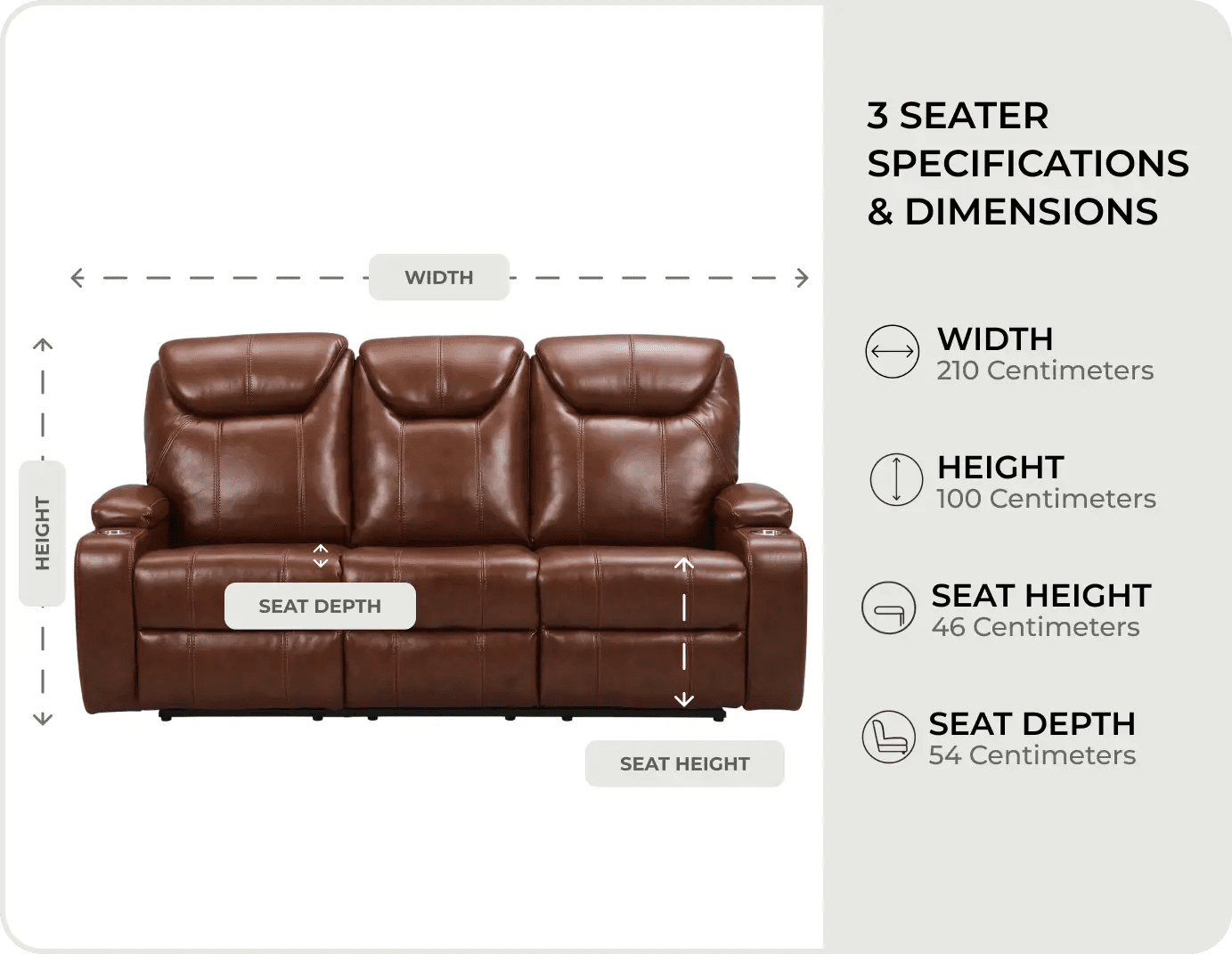 Cinemax Tan Electric Leather 3 Seater Recliner Sofa measurements
