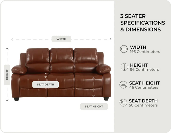 Veloura Tan Leather 3 Seater Sofa - measurements