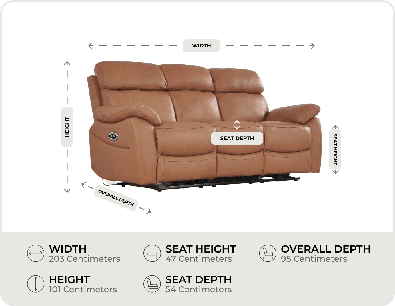 Torino Genuine Leather Caramel Electric Power Recliner 3 Seater Sofa    measurements
