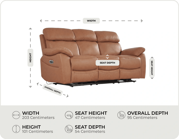 Torino Genuine Leather Caramel Electric Power Recliner 3 Seater Sofa    measurements
