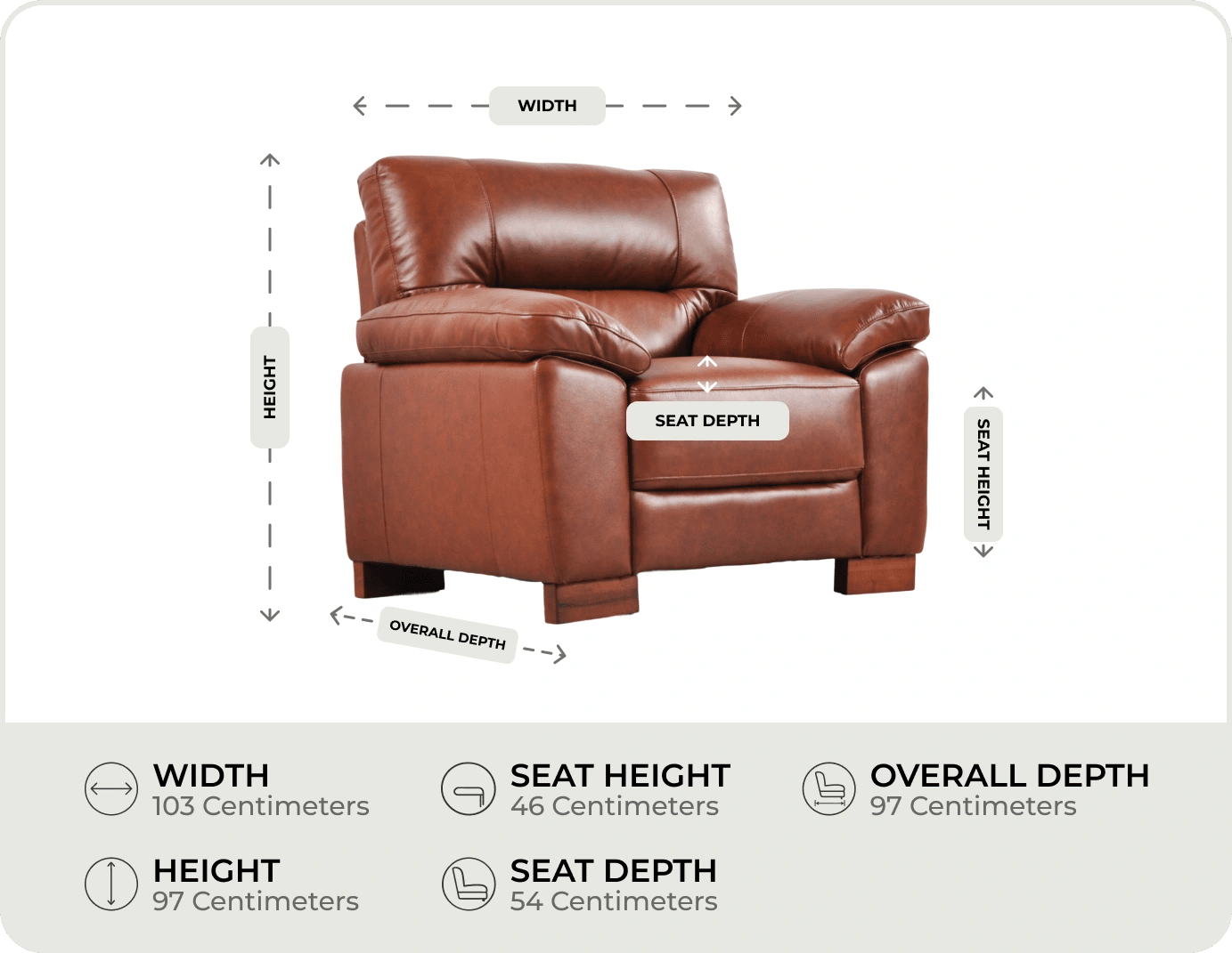 Dalmore Genuine Leather Tan Armchair measurement 
