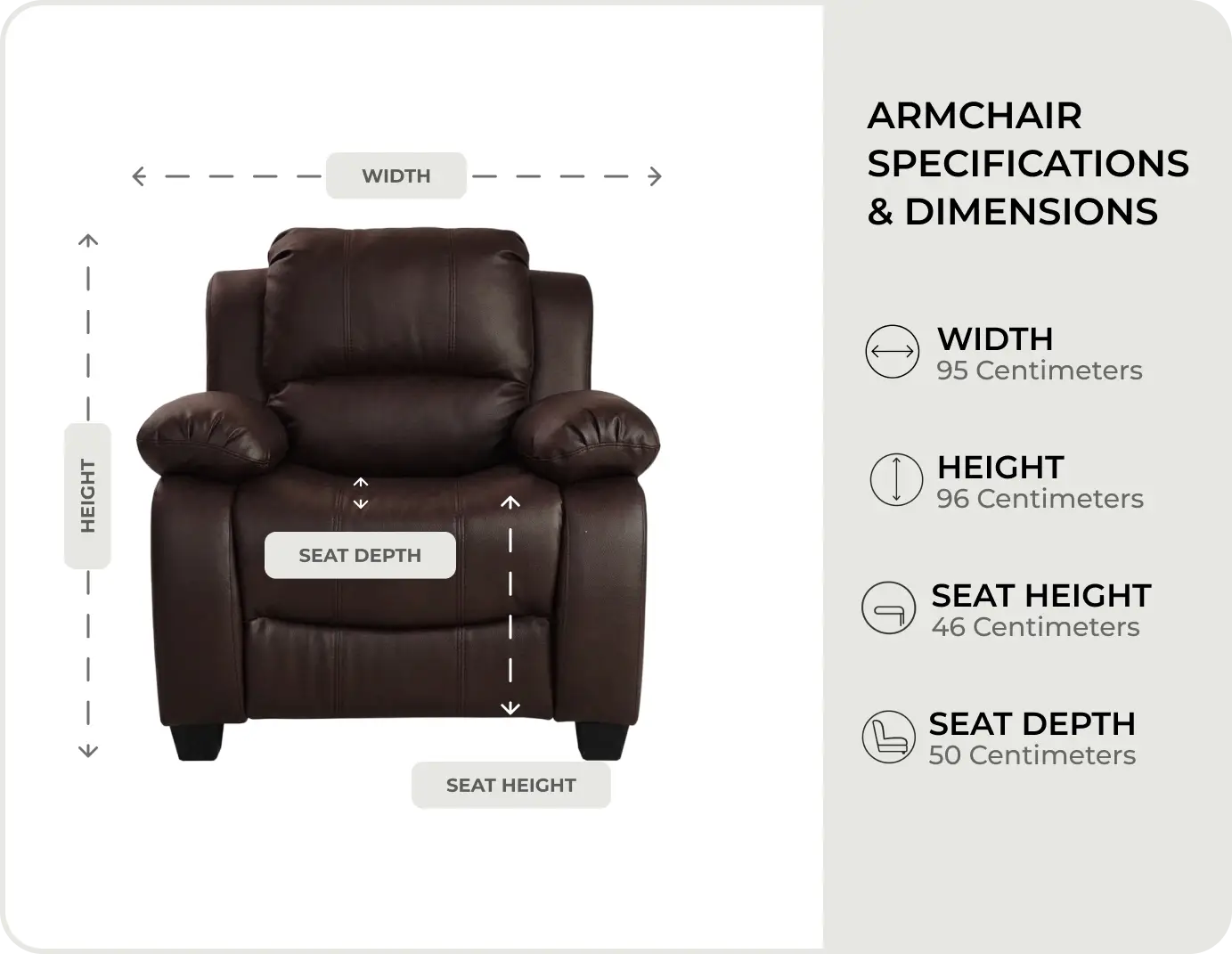 Veloura Brown Leather Armchair - measurements