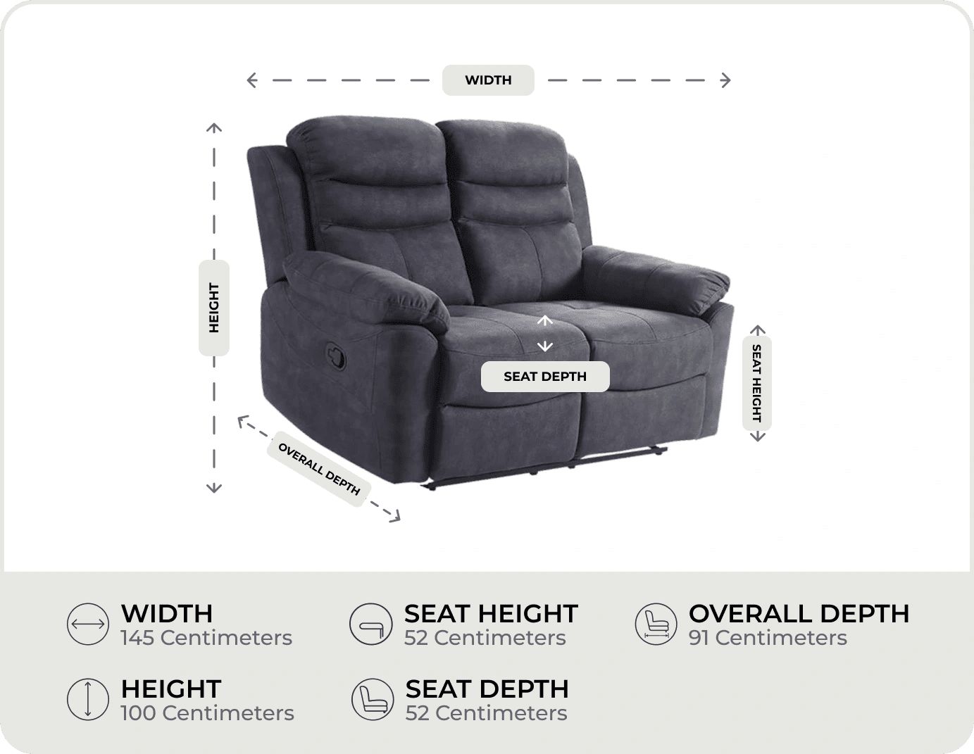 Bristol Grey Fabric Manual Recliner 2 Seater Sofa measurements