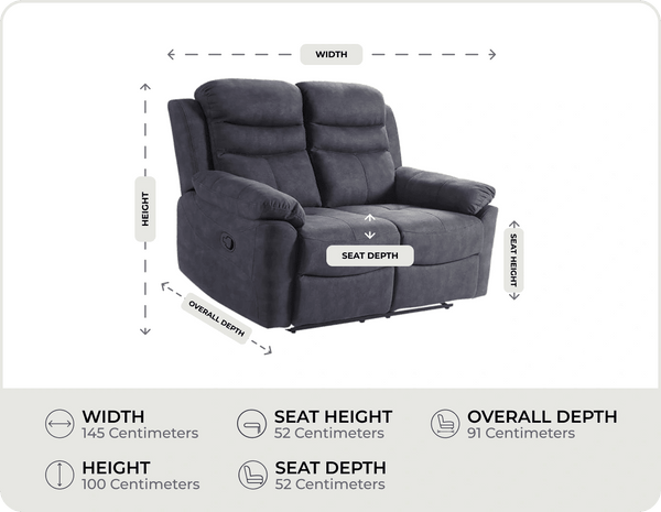 Bristol Grey Fabric Manual Recliner 2 Seater Sofa measurements