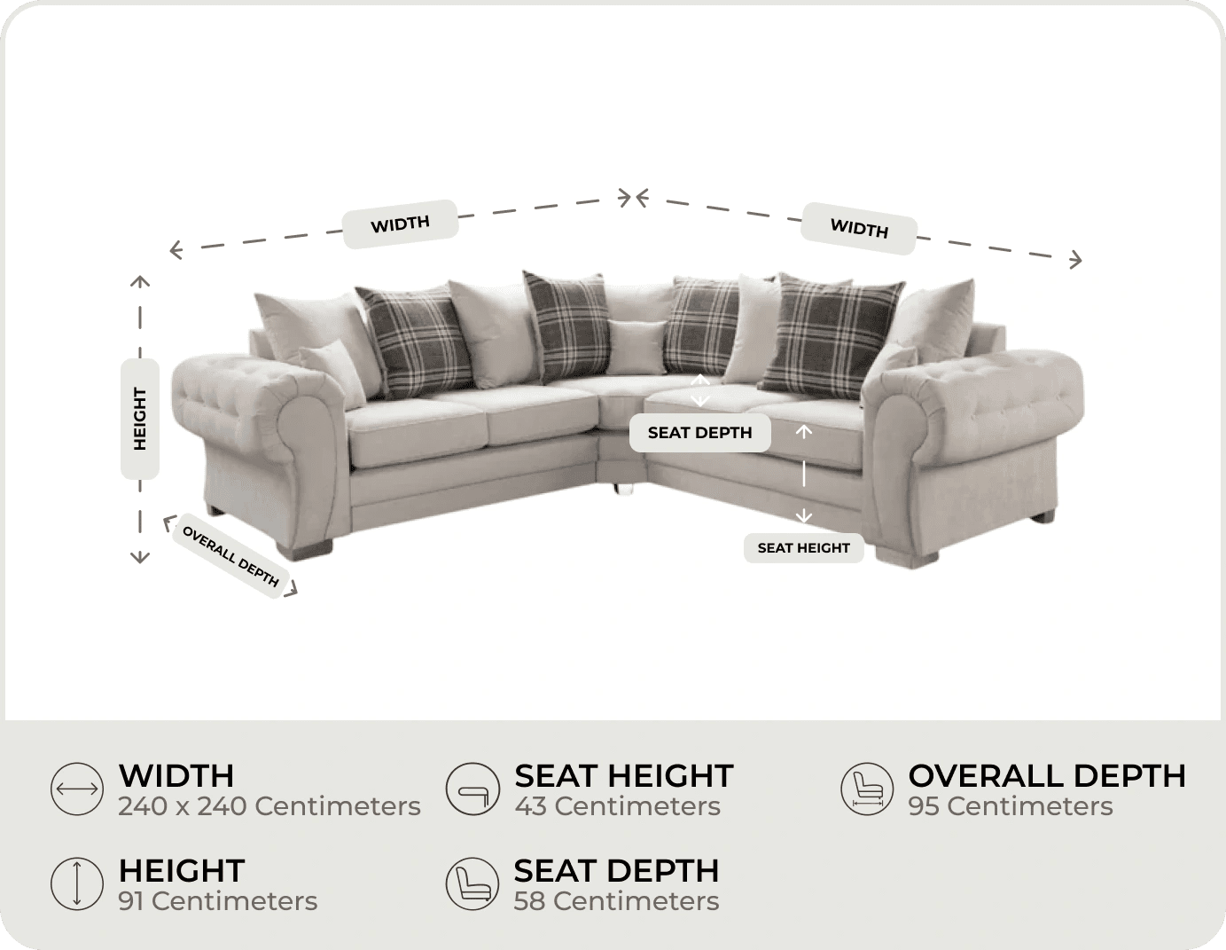 Florence Scatter Back  Cream Fabric Corner Sofa measurements
