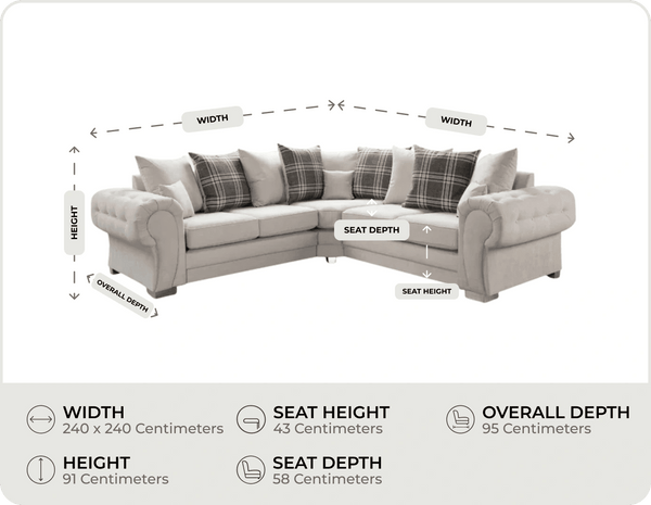 Florence Scatter Back  Cream Fabric Corner Sofa measurements