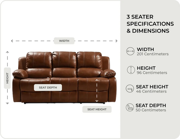 York Tan Leather 3 Seater Manual Recliner Sofa - measurements