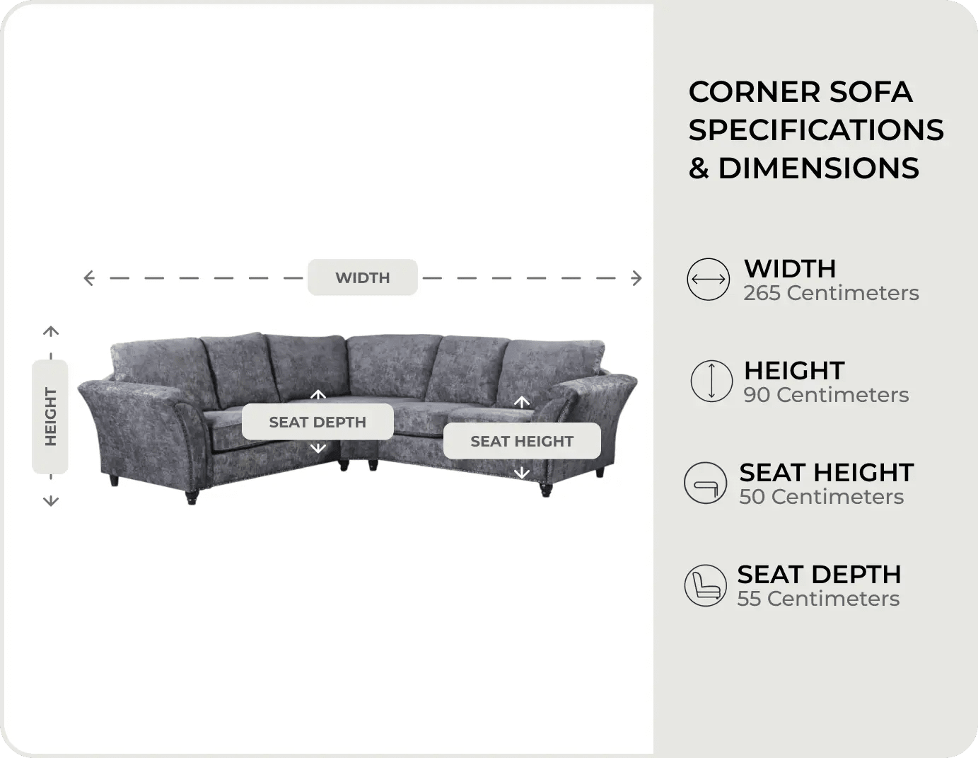 Canterbury Grey Fabric High Back Corner Sofa - measurements