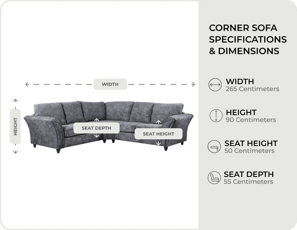 Canterbury Grey Fabric High Back Corner Sofa - measurements