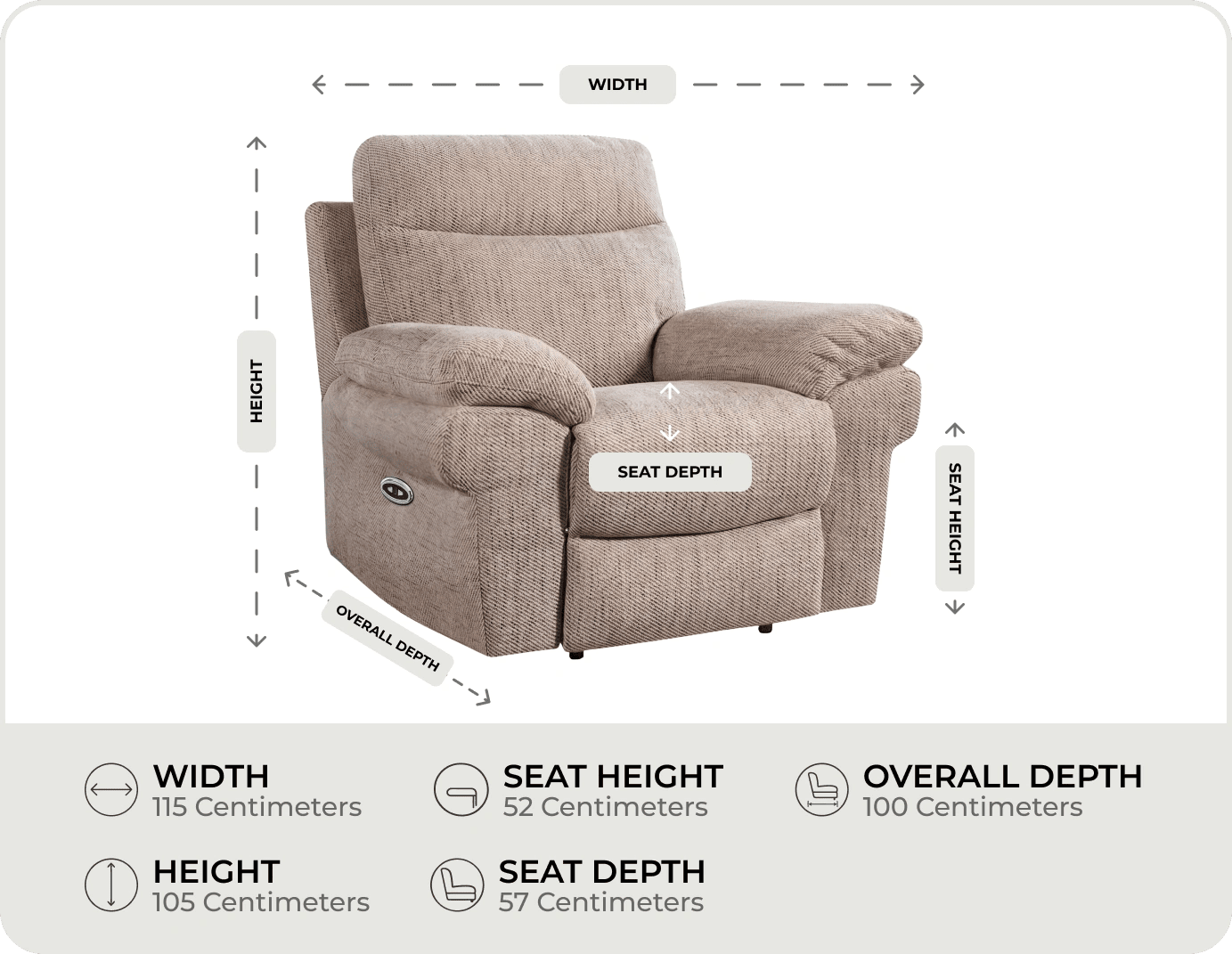 Lunaro Beige Fabric Electric Recliner Armchair measurements