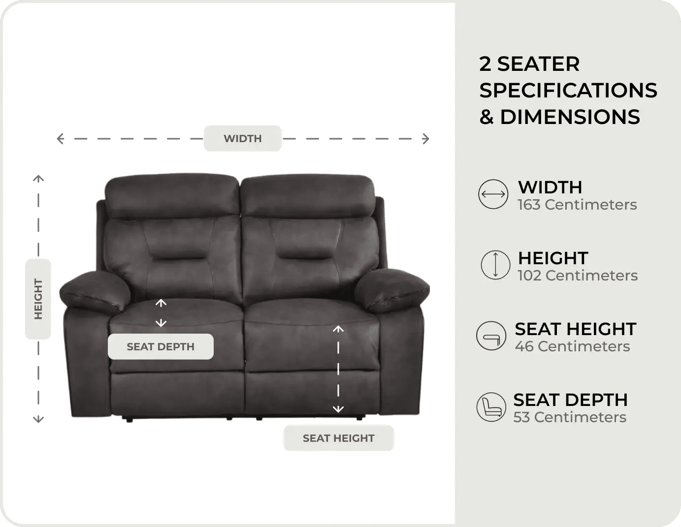 Foster Dark Grey Fabric Electric Recliner 2 Seater Sofa measurements